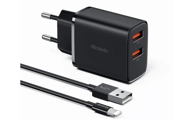 Mcdodo CH-5071 USB-A X 2 Port 12W Fast Wall Charger + USB-A to Lightning Cable - Black